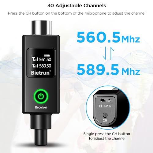 Bietrun XLR Wireless Microphone, Rechargeable Dual Metal Cordless Handheld Dynamic Mics for Mixer, Audio Interface, PA Amplifier System, Church, Singing, Karaoke(UHF 240FT Range)(with 6.35 Adapter)
