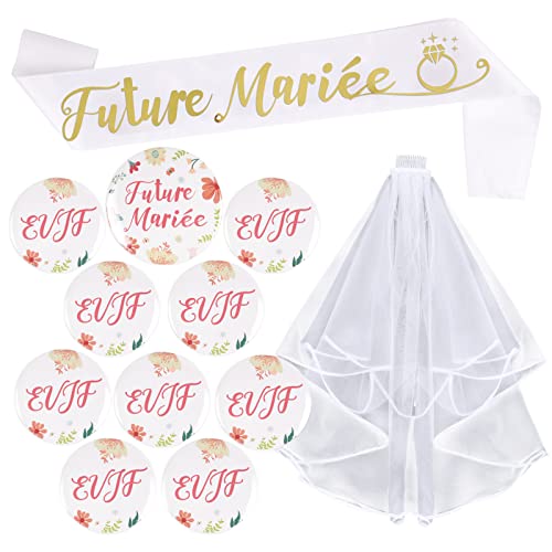 Kit de Accessoire Enterrement de Vie de Jeune Fille 1pcs Voile de Mariage Blanc avec Peigne + 1pcs Écharpe + 1pcs Badge “Future Mariée” + 9pcs Badge “EVJF” Déguisements Décoration pour Fête Soirée