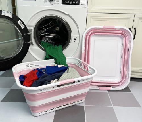 Image of SAMMART Set of 2 Collapsible Plastic Storage Basket - Foldable Pop Up Storage Container - Portable Laundry Organizer - Space Saving Hamper (White /Cherry Pink, 42L (Style A))