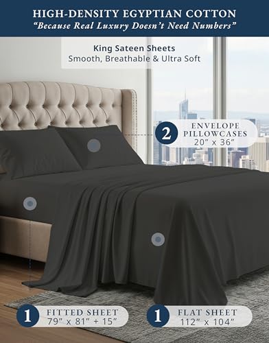 Image of LANE LINEN Cotton Sheets King 100% Egyptian Cotton Sateen - Black | King Size Sheets Deep Pocket Set - 4-Piece Set, For Guests And Everyday Use, For A Silky Hotel-Style Bed, Cozy Feel