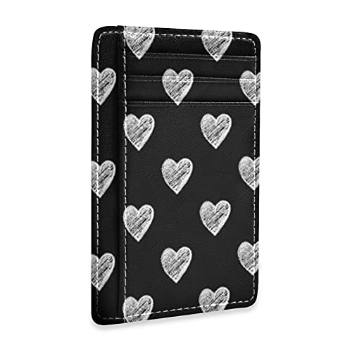 Silver Glowing White Hearts Seamless On Black Slim Minimalist Wallet, Front Pocket RFID Blocking Leather Credit Card Holder, Case Protector Covers for Men Women