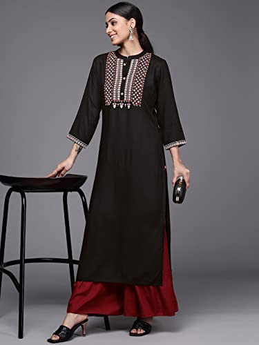 Image of Varanga Women Black Straight Kurta with Embroidered Yoke
