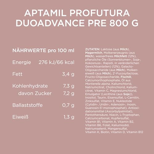2. Bild von Aptamil Profutura DUOAdvance PRE – Anfangsmilch von Geburt an, Mit DHA, Nur Laktose, Ohne Palmöl, Babynahrung, Milchpulver, 1x 800 g 800 g (1er Pack)
