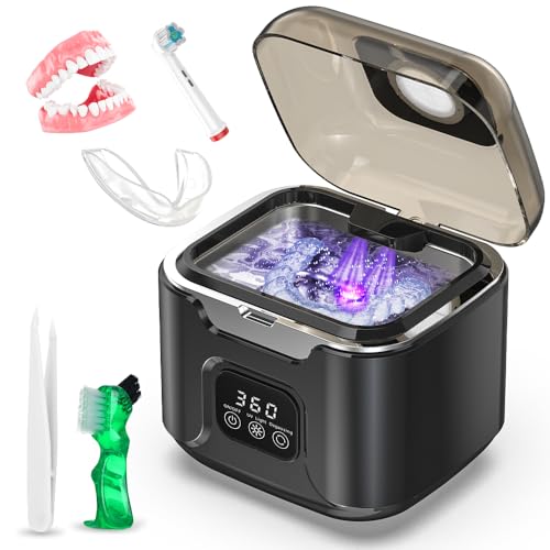 Ultrasonic Retainer Cleaner Machine, Portable 48kHz Dental Retainer Cleaner with 240ml Capacity, Digital Mouth Guard Cleaner with Timer for Denture Aligner Jewelry and Makeup Tools (Black)