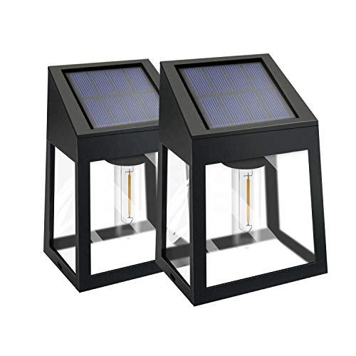 Solar Wall Lights, 2 Pack Outdoor Fence Lights with Edison Bulb, IP44 Waterproof Solar Powered Outdoor Lighting for Garden Porch Patio Garage, Warm White, Auto ON/Off