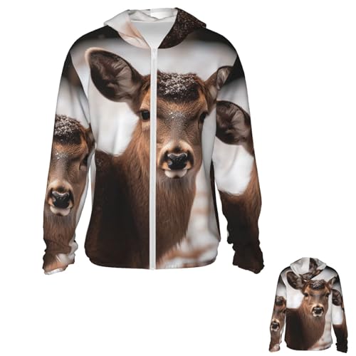 Men's Sun Protection Jacket UPF 50+ Full Zipper Long Sleeve UV Hoodie Shirt Wild Animals Deer Women's Outdoor Jacket Black
