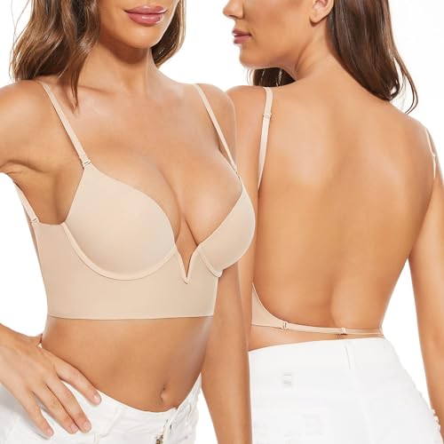 Générique Soutien-Gorge Dos Nu Invisible Push Up pour Femme Deep V Sans Armature Brassière Dos Bas en U Transparent