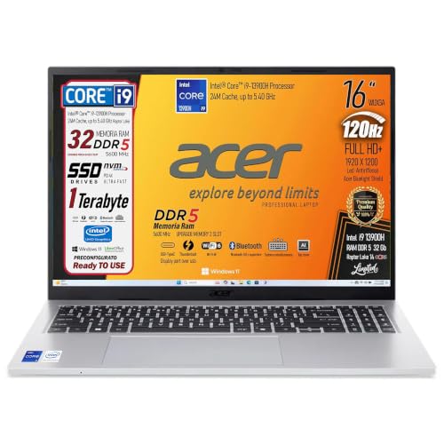 Acer Notebook Intel Core i9 13900H 13Th, RAM DDR5 32GB, SSD PCIe NVMe 1TB | Display 16' WUXGA 120Hz FHD+, 4 USB, Tastiera Retroilluminata, Wi-Fi 6, Display Port, Win 11, Libre Office, Preconfigurato