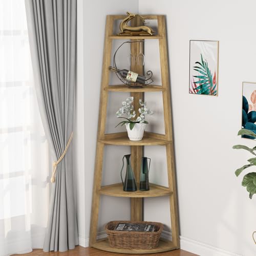 Image of Tribesigns 70 inch Tall Corner Shelf, 5 Tier Modern Corner Bookshelf Bookcase Industrial Corner Ladder Shelf Plant Stand for Living Room, Kitchen, Home Office (Light Brown)