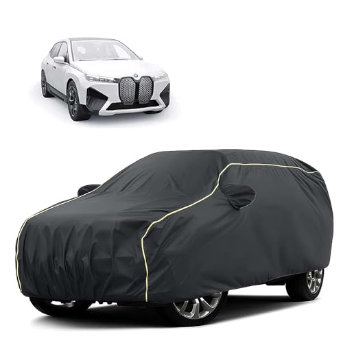 Image of Sulfar 100% Water Resistant Car Body Cover Compatible with Mirror for BMW iX(Electric) (Triple Stitched, Full Bottom Elastic, Dark Grey Tafetta with Yellow Piping)