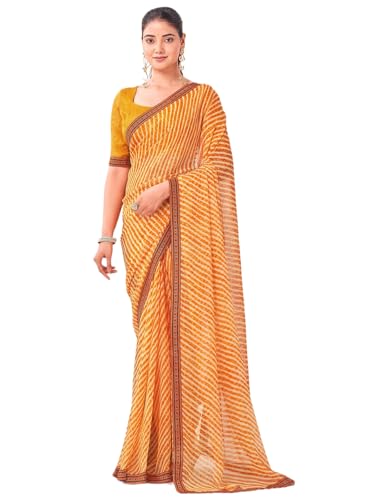 Image of SIRIL Women's Georgette Leheriya Printed Embroidery Lace Boarder Saree With Unstitched Blouse Piece