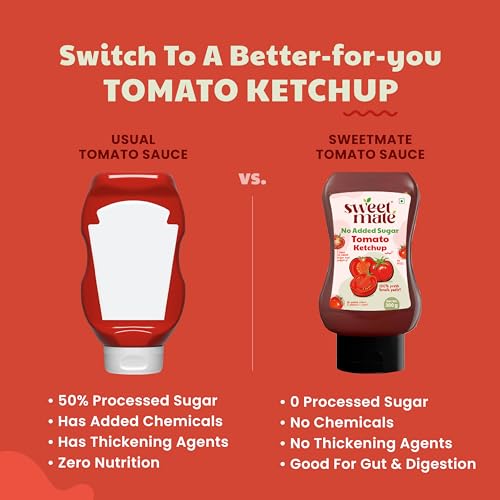 Image of Sweetmate Tomato Ketchup | No Added Sugar & Jaggery | Low Calorie | Tastes like Regular Tomato Ketchup | Natural Ingredients | No Artificial Color, Flavor or thickeners | Ideal for All Ages - 300g x 2