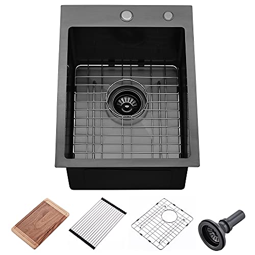 15 Inch Black Drop-in Topmount Bar Sink-VASOYO 15 x 20 Inch Black Stainless Steel Wet Bar Prep Rv Sink 16 Gauge Matte Black Single Bowl Kitchen Sink Outdoor Sink with Grid & Strainer & Cutting Board