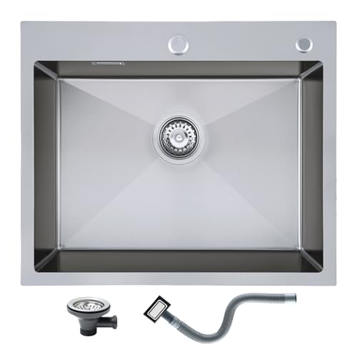 KEOKBON - Fregadero de cocina (60 x 50 cm, acero inoxidable, con orificio para grifo, incluye colador de desagüe e instrucciones de montaje (idioma español no garantizado)