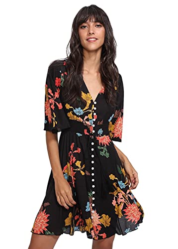 Milumia Women's Vintage Boho Button Up Split Floral Print Flowy Party Dress A Black Large #TOP2