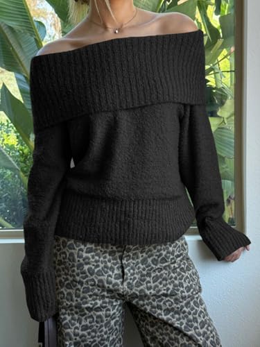 Saodimallsu Womens Off The Shoulder Sweater Fuzzy Knit Long Sleeve Fall Trendy Dressy Fold Over Pullover Top3