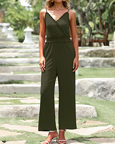 Btfbm Women Casual Summer Jumpsuits 2023 Sleeveless V Neck Spaghetti Strap Long Pants Rompers One Piece Jumpsuit Outfits(Solid Army Green, Large) #TOP2