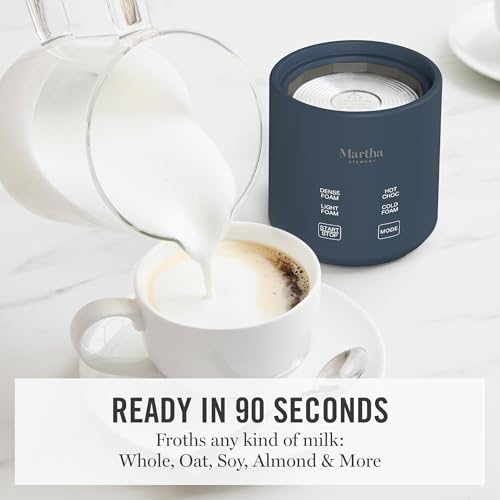 Image of Martha Stewart Milk Frother and Steamer, 10oz /300ml Glass Cup, 4 Presets (Cold Foam, Light, Dense & Hot Chocolate), Ready in 90 Seconds, Cordless Pouring, One-Touch for Hot and Cold Milk, Indigo Blue