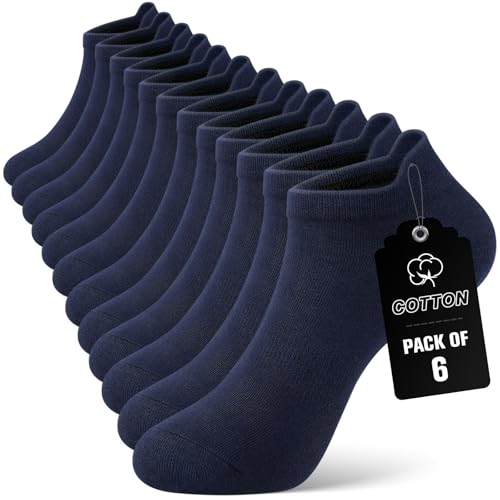 SIMIYA Ankle Socks for Mens Womens 6 Pairs Breathable Cotton Trainer Socks Low Cut Non Slip No Show Sock for Running Sports (6 Navy)