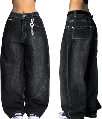 Pantalones Vaqueros Holgados Estilo Hip Hop para Mujer con Estampado de Estilo Adolescente Estilo harén Estilo Callejero Tiro Medio-bajo Estilo Boyfriend (Negro 3,L)