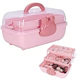 Punorric Girls Hair Accessories Organiser - 3 Layer Hairband Storage, Cute Pink Rabbit Lock & Handle, Girls Storage Box for Hair Bands, Clips Scrunchies, Jewelry Craft Organizer with Compartments