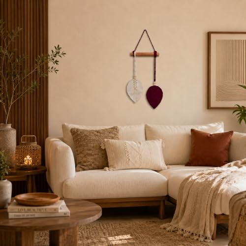 Image of AdFashionble Boho Macrame Wall Hanging Leaf Decor for Home, Living Room & Bedroom | Cotton Thread Art with Wooden Rod | Minimalist Handmade Wall Decoration | Aesthetic Nordic Wall Art for Home, Office & Gift Purpose Lenght- 58 cm Width- 15 cm (MAROON & OFFWHITE)