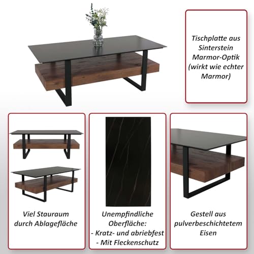 Mendler Couchtisch HWC-L88, Wohnzimmertisch Tisch, Ablage Eisen 43x120x60cm Sinterstein Marmor-Optik schwarz Holz Dunkelbraun – Bild 4