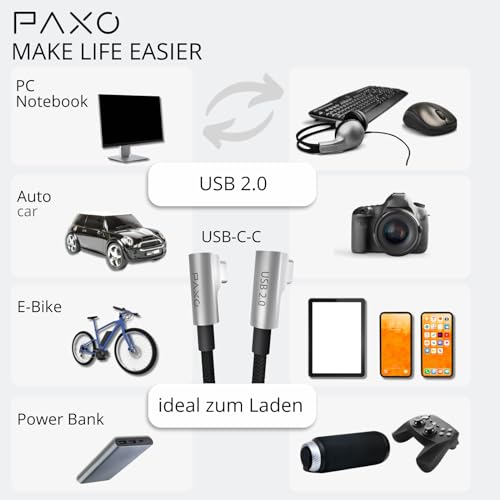 PAXO 0.2m charging cable, 3A, USB C to USB C cable, USB 2.0, elegant angled plug, particularly flexible fabric sheath in black - Image 3