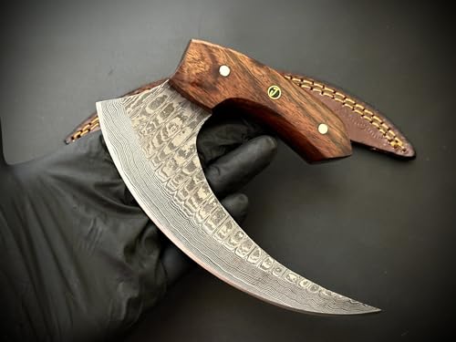 Jayger Handmade Alaskan Ulu Chef Knife with Leather Sheath | Damascus Steel Blade | Wood Handle | Sharp Curved Blade | Ergonomic Wood Handle | Perfect for Chopping, Slicing & Outdoor Use - Image 7