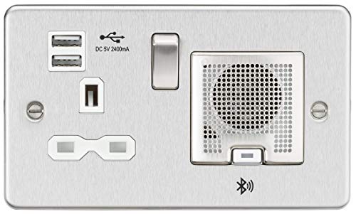 Flat Plate 13A Socket, USB Chargers (2.4A) and Bluetooth Speaker - Brushed Chrome with White Insert