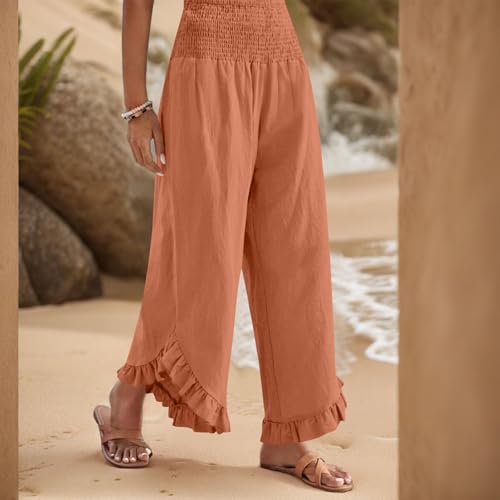 Women Linen Pants Summer Wide Leg Pants Smocked Waist Ruffle Hem Palazzo Pant Boho Flowy Beach Pant with Pocket