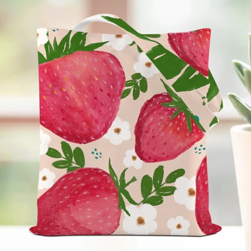 Vintage Pink Strawberry Tote Bag, Cute Fruit Aesthetic Strawberry Gifts for Women Friends Sisters Aesthetic Beach Reusable Grocery Bags Friendship Gifts for Shopping Travel Camping