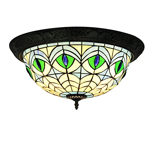 Plafonnier Tiffany bleu paon pour illuminer chaleureusement votre salon vintage de 40 cm