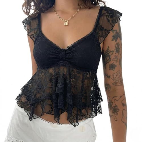 WYFC Lace Tops for Women Babydoll Tank Cap Sleeve Cute Going Out Shirt Streetwear Black M