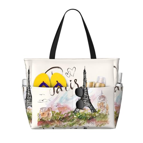 Sac fourre-tout imprimé Tour Eiffel grande capacité noir chic hobo