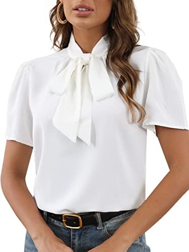 Rooscier Women's Bow Tie Knot Mock Neck Short Sleeve Elegant Workwear Blouse Shirt Top