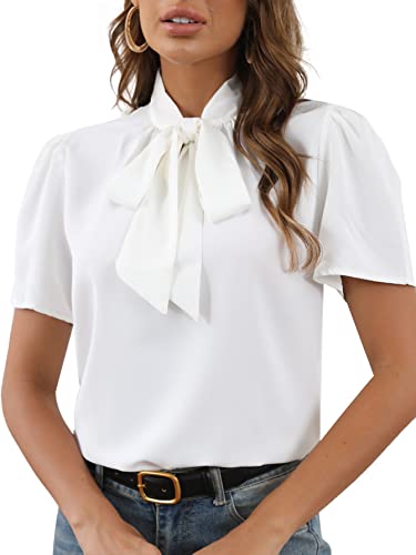 Rooscier Women's Bow Tie Knot Mock Neck Short Sleeve Elegant Workwear Blouse Shirt Top White Small #TOP2