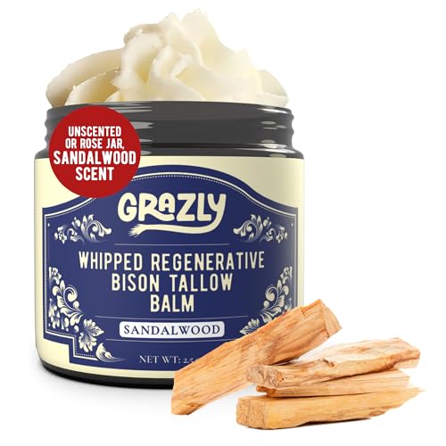 Grazly Whipped Bison Tallow Balm w/Manuka Honey Jojoba Sandalwood - Grass-Fed & Finished Organic Tallow Face Moisturizer - Face & Body Cream for Acne-Prone Skin - Nourishing Skincare (2.5 oz)
