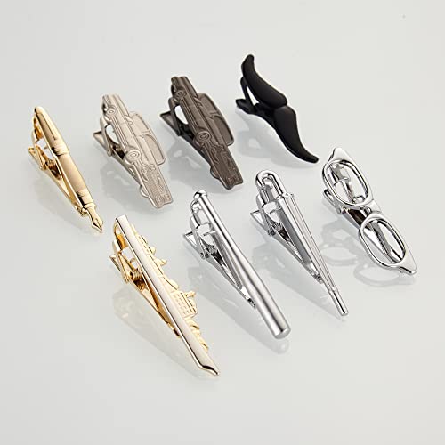 8PC Modeling Tie Clips for Men Silver Gold Black Grey Tie Clip Cars Warship Glasses Beard Baseball Umbrella Tie Bar Suitable for Holiday Gifts, Family Parties, and Anniversaries.…2