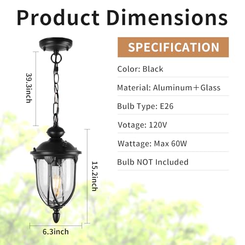 Image of JYZ Vintage Dusk to Dawn Outdoor Hanging Lantern, 15 Inch Rustic Exterior Pendant Light Fixture with Seeded Glass, Antique Black Ceiling Mount Chandelier for Porch, Patio, Gazebo, Entryway JYOPL04