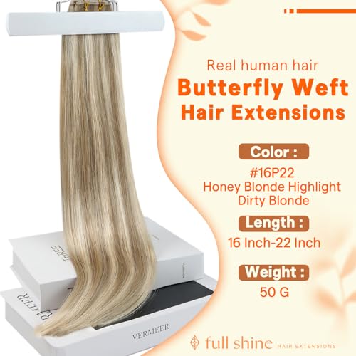 Image of Full Shine Butterfly Weft Hair Extensions Human Hair 16 Inch Highlights | 50G Honey Blonde Highlight Dirty Blonde, Thin Double Side Hairpiece, Seamless Micro Beads, Natural Volume, Blend Solution