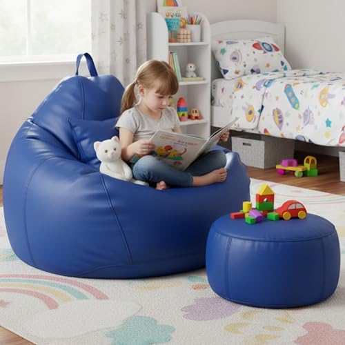 Image of KAM'S LIEU 6XL Luxury Faux Leather Bean Bag with Footrest & Cushion | Pre-Filled High-Density Polystyrene Beans | Premium Leatherette |Teardrop Handle Design | 6 Months Warranty Color- Royal Blue