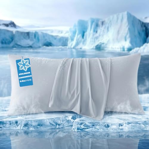 Beqnat Kühlender Kissenbezug 40x80cm 2er Set Sommer Kopfkissenbezug Weicher für Heißschläfer Atmungsaktiv Kühlfaser Kissenhülle Q-Max>0.45 Arc-Chill Schont Haut und Haar - mit Reißverschluss Grau