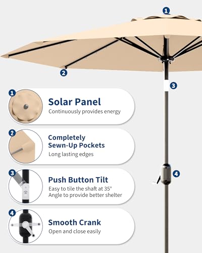 9 Ft Patio Umbrella with Solar Lights, Outdoor Table Umbrella with 32 LED Lights & Tilt Crank, 8 Ribs Market Table Umbrella for Pool, Deck, Backyard, Tan