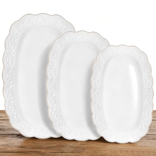 Kassel Ceramic Serving Platter Set | 14”/12”/10” Oval Serving Trays for Entertaining at Parties and Weddings | Oven Safe Large Serving Trays for Tacos, Steak, and Cake