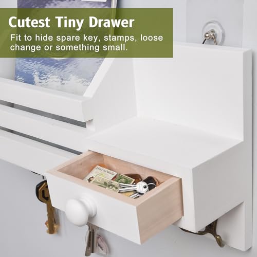 Image of Key Holder Wall Mount, Wooden Adhesive Mail and Key Organizer with Drawer, Small Shelf, 8 Hooks, 2 Installation Methods, White