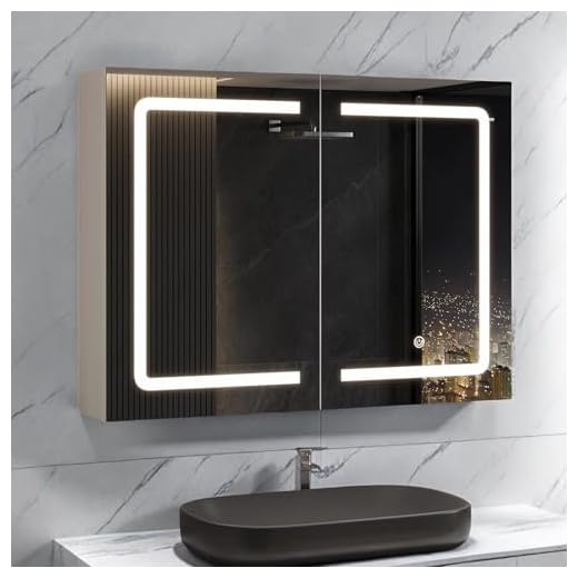 Poeahu Badezimmerschrank mit Spiegel und Beleuchtung, Doppeltüren, 80 x 60 x 14 cm, Spiegelschrank mit Verstellbarem Regal, Farbtemperatur Verstellbar, Schalter mit Touch-Sensor(Weiß, 80x60x14)