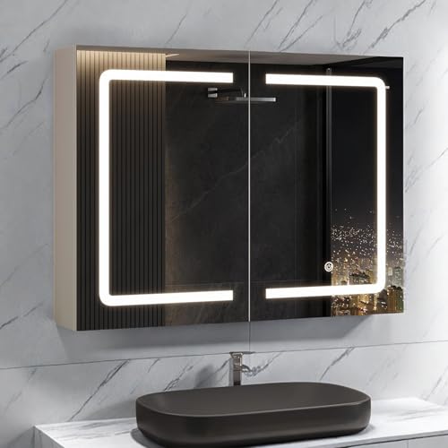 Poeahu Badezimmerschrank mit Spiegel und Beleuchtung, Doppeltüren, 80 x 60 x 14 cm, Spiegelschrank mit Verstellbarem Regal, Farbtemperatur Verstellbar, Schalter mit Touch-Sensor, Weiß