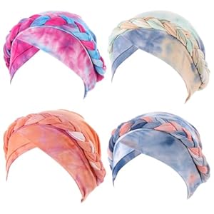 4 Pieces Womens Turban Hat Head Wrap Chemo Cap Ethnic Bohemia Tie Dye Pre-Tied Twisted Braid Hair Cover Headwear