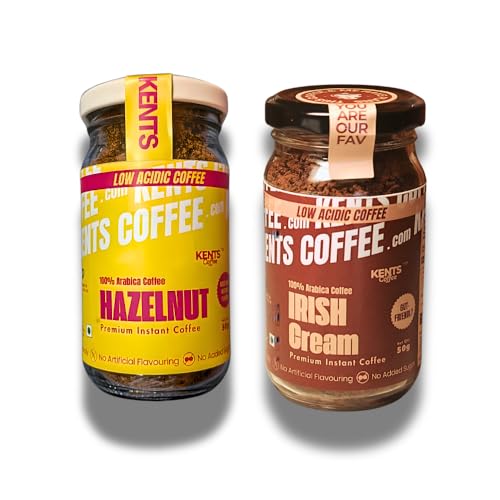 Image of Kents Coffee Combo - HAZELNUT & IRISH CREAM 2 x 50g Jars | LOW ACIDIC INSTANT COFFEE | Medium Roast | 100% Arabica | No Added Sugar | 90 Cups Serves | CHIKMAGALUR | Perfect for Hot & Cold Brews | Espresso, Latte, ICED & COLD COFFEE (50g x 2)
